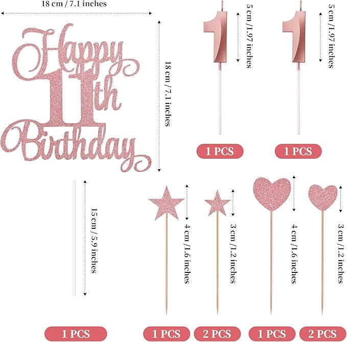 11th Birthday Cake Decorations, 11th Birthday Candles Cake Numeral Candles and Glitter Happy 11th Birthday Cake Toppers Set for Birthday Party Supplies (Rose Gold)