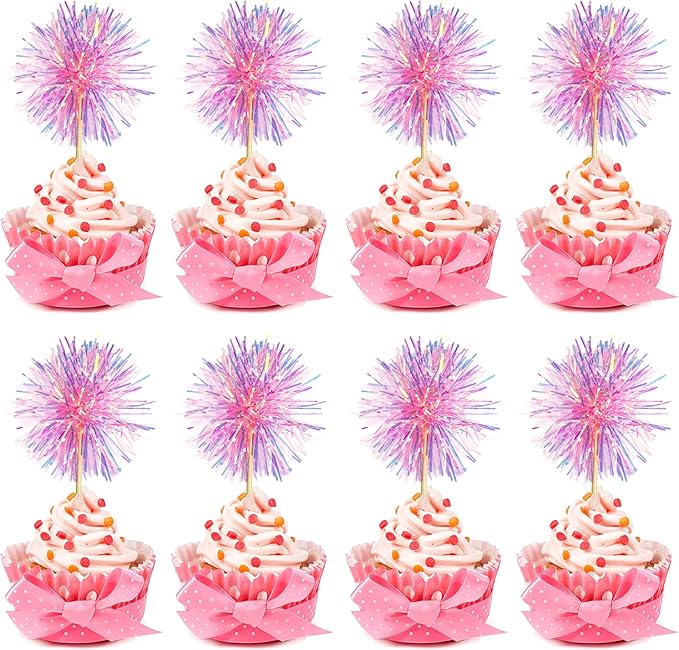 30PCS Foil Firework Cupcake Toppers, Happy Birthday Pink Cake Toppers, Sparkle Tinsel Flower Drink Stirrers Cocktail Food Fruit Toothpicks for Xmas Party Birthday Wedding Ceremony