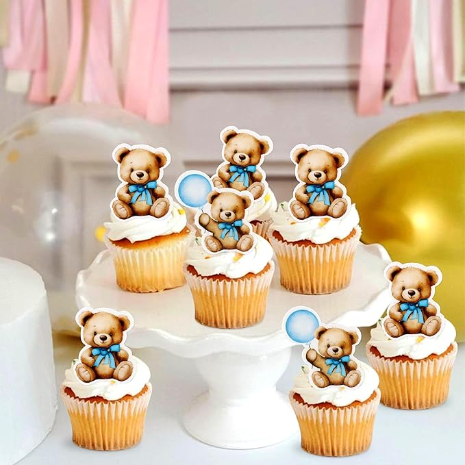 40 PCS Edible Baby Shower Bear Cupcake Toppers Drink Topper Selection Baby Bear Theme Baby Shower Decorative Supplies Jungle Animal Theme Birthday Party Cake Decorative Supplies Blue