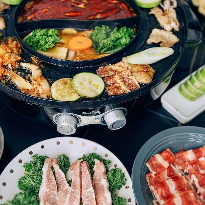 Food Party DUO Electric Smokeless Grill and Hot Pot, With Separable Cooking Plate, Deluxe Combo of 1 Recipe Book, 1 Tong, 1 Oil Brush, 1 Pack of Parchment Paper, for Hotpot KBBQ, Barbecue & Grill