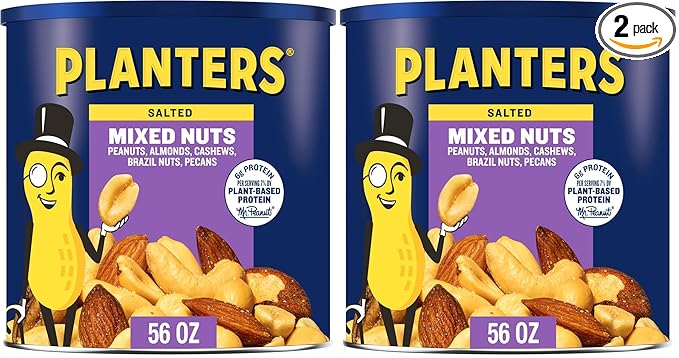 PLANTERS Salted Mixed Nuts, Party Snacks, Plant-Based Protein 56oz (1 Canister) (Pack of 2)