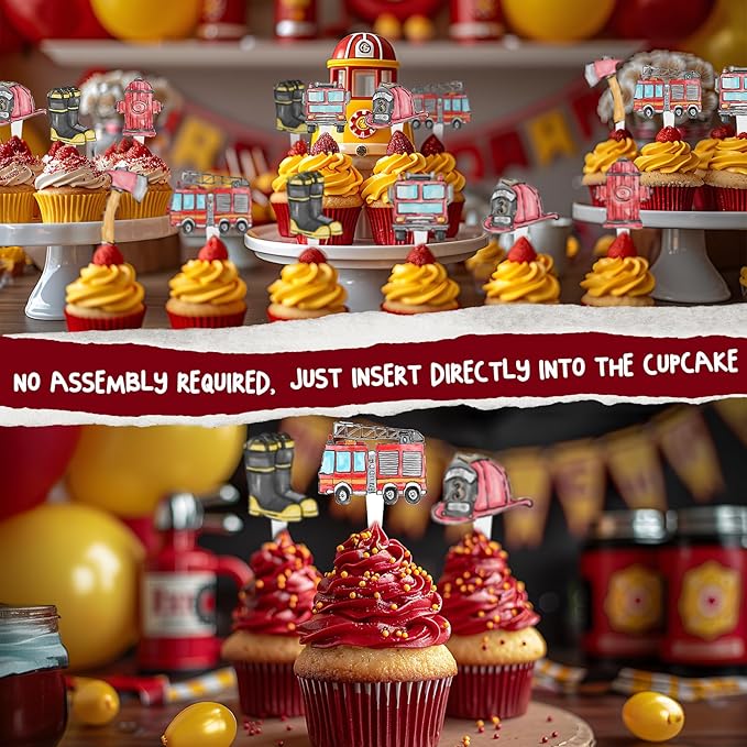 36 Pcs Firetruck Cupcake Toppers - Fireman Party Decorations - Perfect for Firetruck Birthday, Fireman Baby Shower and Fire Truck Cake Decor