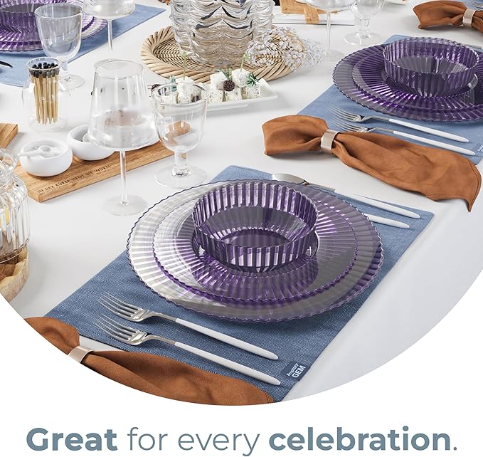 Exquisite 40 Piece Plastic Disposable Plates Set For 20 Guests I 20 X 9 Inch & 20 X 11 Inch Disposable Plastic Plates | Color: Purple | Great for Weddings Parties And Formal Occasions