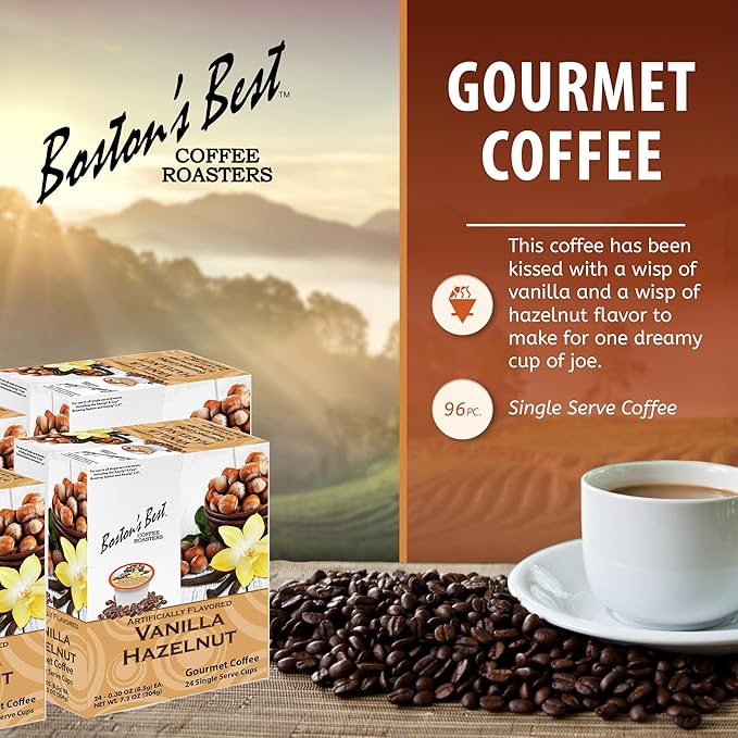 Bostonโs Best - Vanilla Hazelnut Delicious Medium Roast Flavored Gourmet Coffee Compatible with Keurig Coffee Maker, 24 Count (Pack of 4)