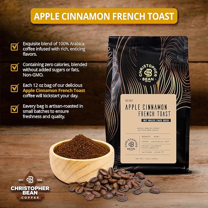 Christopher Bean Coffee - Certified Kosher - Decaf Ground Universal Drip Apple Cinnamon French Toast Flavored Coffee, Relaxing after Dinner & Drink | Flavored Medium Roast Coffee 100% Arabica, No Sugar, No Fats, Non-GMO | 10-Ounce