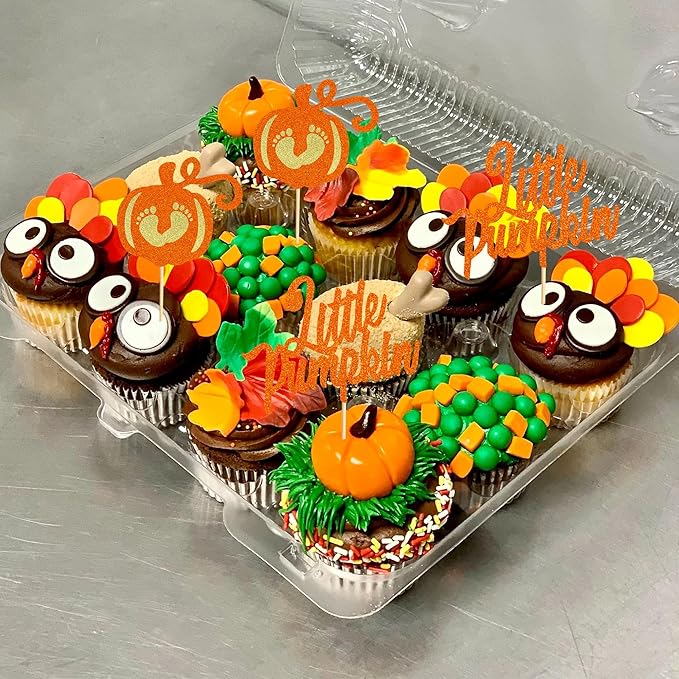 24Pcs Little Pumpkin Cupcake Toppers - Baby Shower Cake Decorations - Baby Feet Pumpkin Cupcake Picks for Thanksgiving Halloween Kids Birthday Party Decorations - Orange Glitter