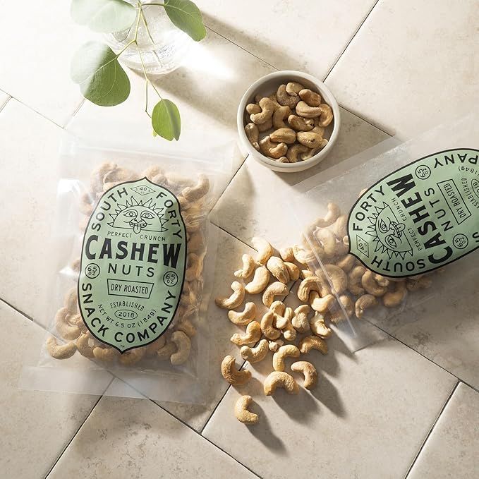 South 40 Snacks Dry Roasted Salted Giant-Sized Cashews, Just 2 Ingredients, Dry Roasted Cashews and Salt (6.5oz bags, pack of 4)