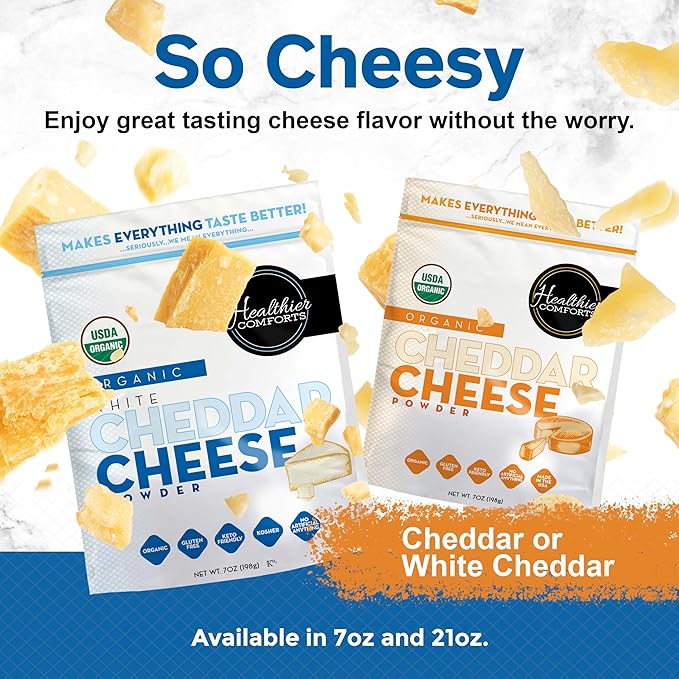 Healthier Comforts Organic White Cheddar Cheese Powder | Gluten Free, Kosher, Keto-Friendly, Non-GMO, Antibiotic & Hormone Free | Perfect for Popcorn Seasoning, Mac and Cheese, Pasta & Sauces (7 oz)