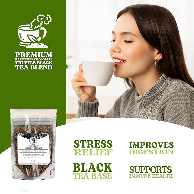 Nelson's Tea Raspberry Chocolate Truffle - Loose Leaf Black Tea with Raspberry Leaf, Chocolate Rooibos, Truffle Essence, Carob Beans, Hibiscus & Chocolates Chips, Infused with Natural Flavors (Sample)