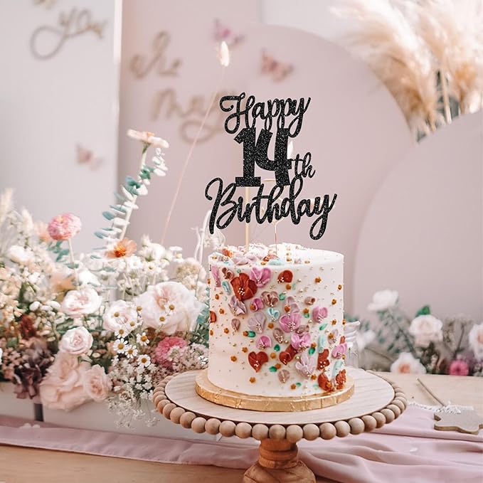 1 PCS Happy 14th Birthday Cake Topper Glitter Cheers to 14 Years Birthday Cake Pick Fourteen Hello 14 Fabulous Cake Decoration for Happy 14th Birthday Anniversary Party Decorations Supplies Black