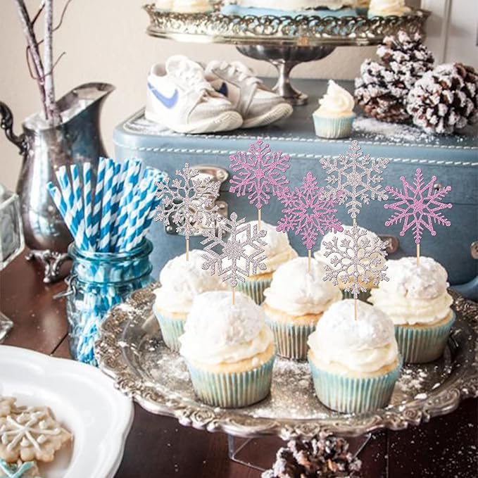 36 PCS Snowflake Cupcake Toppers Glitter Winter Frozen Theme Cupcake Picks Little Snowflake Cake Decorations for Winter Wonderland Baby Shower Kids Birthday Christmas Party Supplies Silver Purple