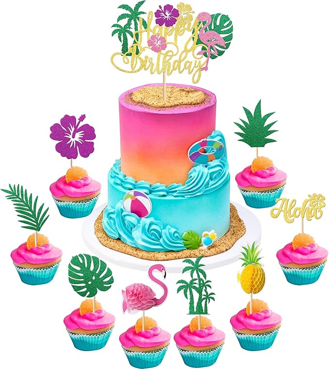 Rsstarxi 25 Pack Tropical Luau Cupcake Toppers with Happy Birthday Flamingo Cake Topper Palm Tree Flamingo Pineapple Cupcake Picks Decorations for Summer Beach Hawaiian Luau Birthday Party Decoration