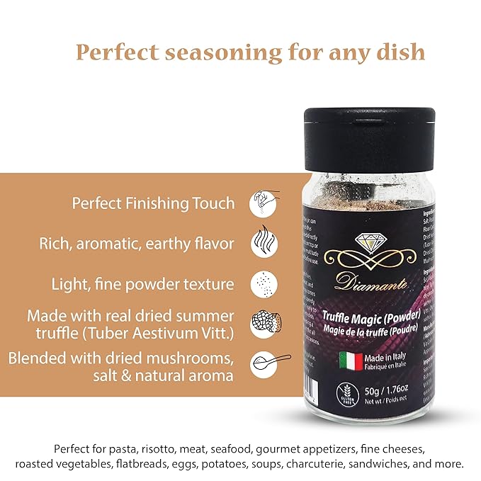 Diamante Italy Truffle Magic (Powder) with 5% Black Truffle Content - Truffle All Purpose Seasoning - Authentic Italian Gourmet Mushroom Spice Mix - Gluten Free & Made in Italy - 50g