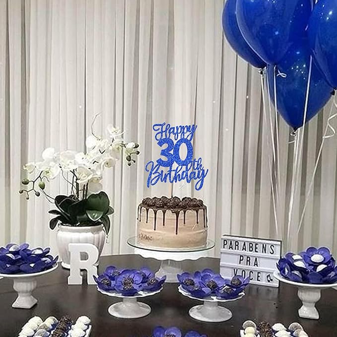 1 PCS Happy 30th Birthday Cake Topper Glitter Cheers to 30 Years Birthday Cake Pick Thirty Hello 30 Fabulous Cake Decoration for Happy 30th Birthday Anniversary Party Decorations Supplies Blue
