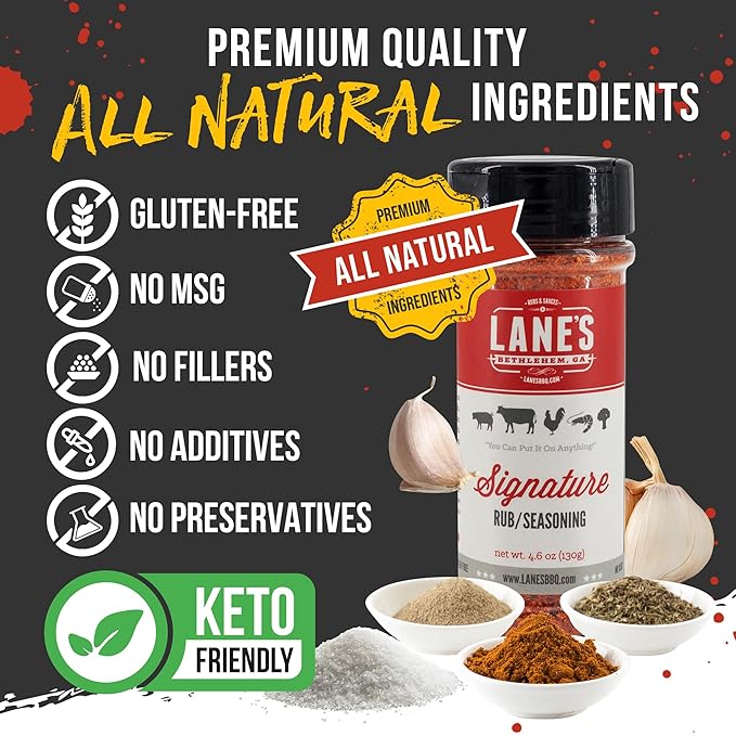 Lane's Signature BBQ Seasoning Rub, 4.6 oz - All-Purpose BBQ Rub for Smoking, Grilling & Cooking - All Natural, Gluten Free, Sugar-Free Meat Spice for Beef, Chicken, Pork - Made in USA