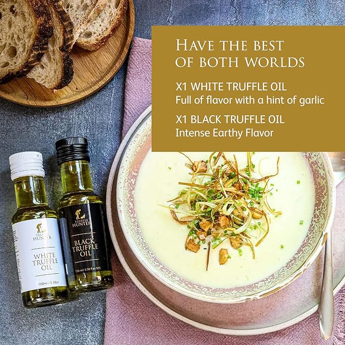 TruffleHunter - Black & White Truffle Oil Set - Extra Virgin Olive Oil for Cooking & Seasoning - 3.38 Oz X2