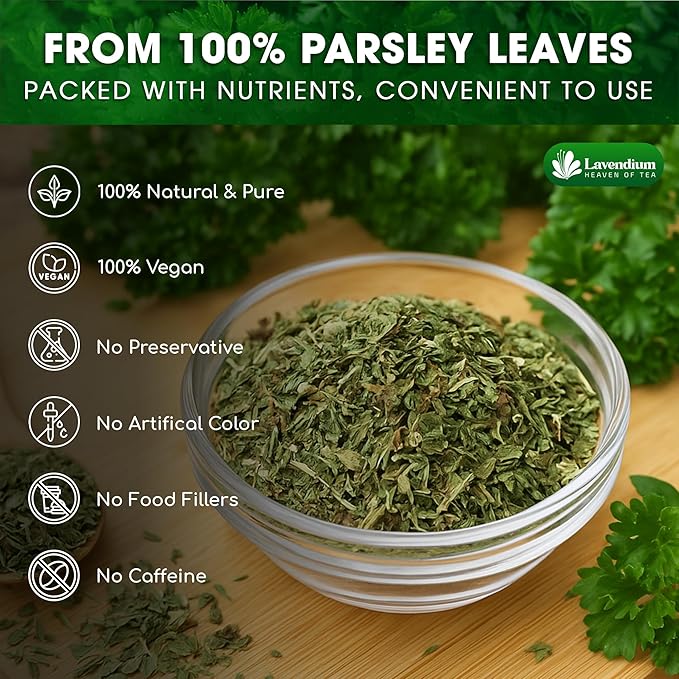 Lavendium, 4 oz Premium Dried Parsley Leaves ??100% Pure, Non-GMO, Gluten-Free, Vegan ??Aromatic Culinary Herb for Cooking, Garnish, and Seasoning ??No Additives or Preservatives ??Resealable Bag