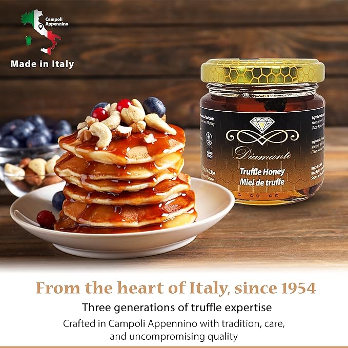 Diamante Italy Truffle Honey - Italian Luxurious Gourmet Flavored Honey with 3% Black Truffle - Ideal for Charcuterie Board & Cheese Plate - Non GMO & Made in Italy - 120g