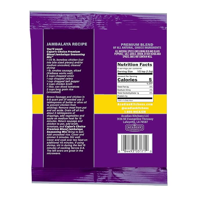 Cajun's Choice Jambalaya Seasoning Mix - 0.42 oz Packets, Pack of 6, Gluten-Free, No MSG, Authentic Louisiana Creole Spice for Chicken, Shrimp & Sausage