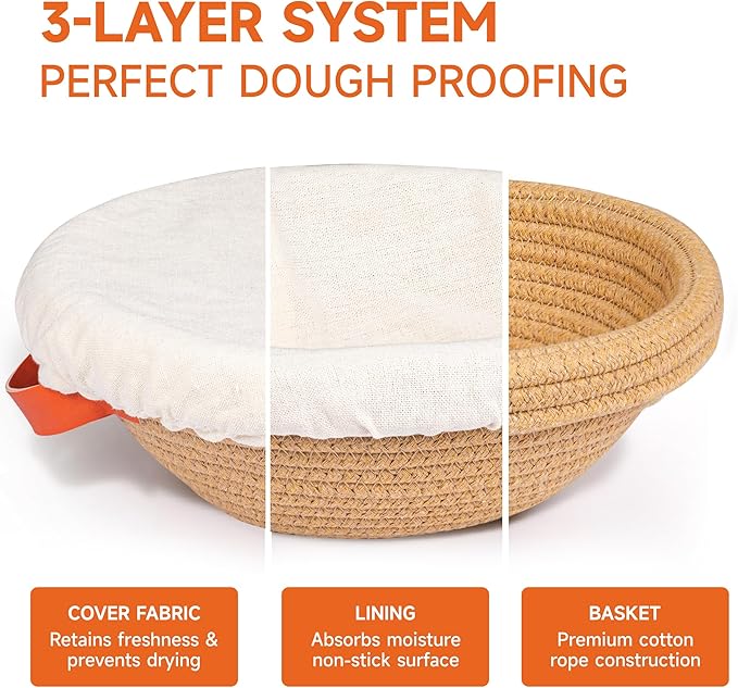 Banneton Bread Proofing Basket ??9" Round & 10" Oval Sourdough Starter Kit, Handmade Cotton Rope Sourdough Proofing Basket with Liner & Cover,Bread Making Tools (1 Round 1 Oval Gift Set)