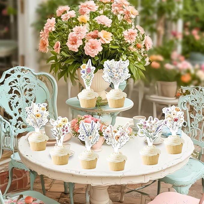 40Pcs Floral Wildflower Cupcake Toppers - Wildflower Birthday Baby Shower Baby in Bloom Party Supplies Cake Decorations for Girls and Women