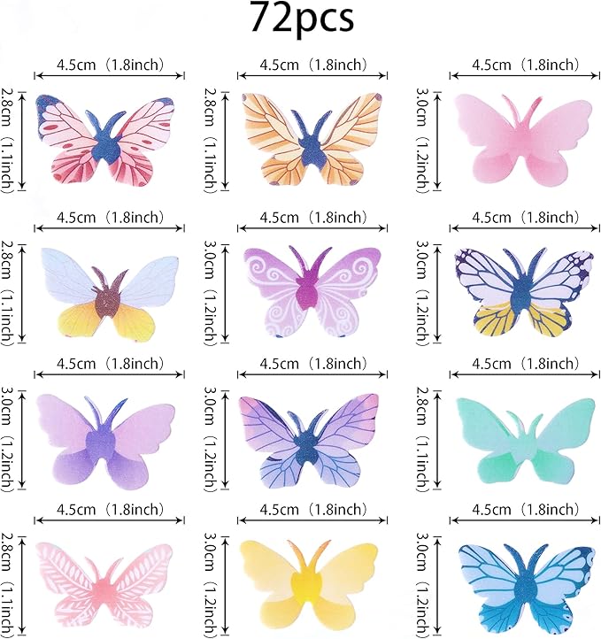 Rsstarxi 72 Pack Edible Cupcake Toppers - 3D Colorful Butterfly Cupcake Picks Realistic Dessert Cake Decorations for Baby Shower, Wedding, Birthday Parties