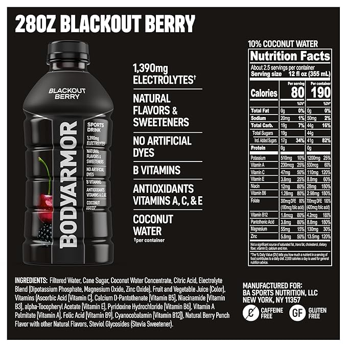 BODYARMOR Sports Drink Sports Beverage, Blackout Berry, Coconut Water Hydration, Natural Flavors With Vitamins, Potassium-Packed Electrolytes, Perfect For Athletes, 28 Fl Oz (Pack of 15)