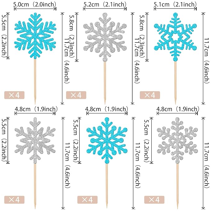 24 PCS Snowflake Cupcake Toppers Glitter Frozen Snowflake Cupcake Picks Winter Wonderland Cake Decorations for Winter Frozen Theme Baby Shower Kids Birthday Christmas Party Supplies Silver Blue