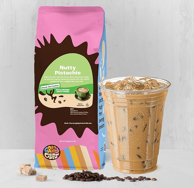 Crazy Cups Decaf Flavored Ground Coffee, Decaffeinated Pistachio Coffee in 10 oz Bag, For Brewing Hot or Iced