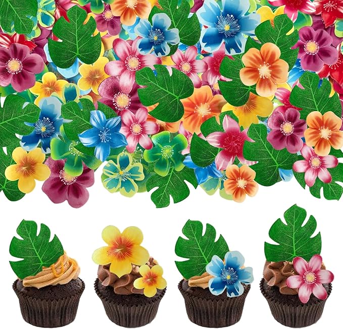 88 pieces of edible green leaf cake decorations, mixed leaf and flower cupcake decorations for Hawaiian themed festive wedding birthday party supplies.