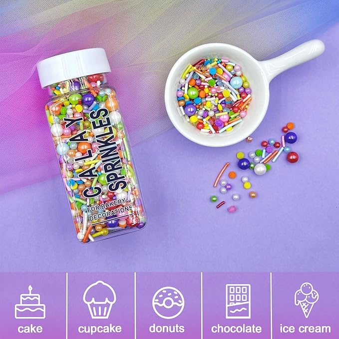 Rainbow Sprinkles for Cake Decorating, Pastel Jimmies and Pearls Sprinkles Mix for Donut Cookie Baking Brownies Cupcake Ice Cream Toppings