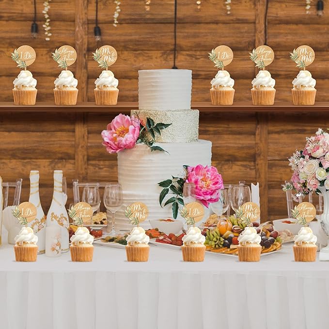 12 PCS Wedding Cupcake Toppers Green Mr & Mrs Wedding Cake Cupcake Decorations in Wood