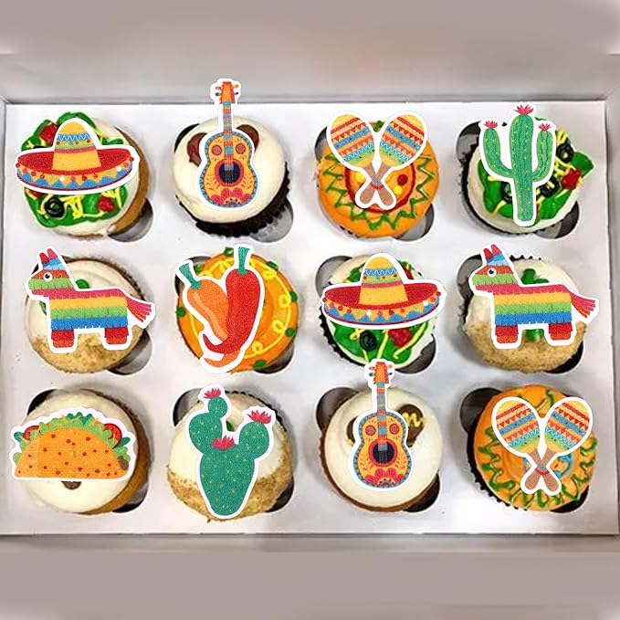56 PCS Edible Mexican Fiesta Cupcake Toppers Cactus Donkey Maraca Sombrero Guitar Cupcake Picks Edible Mexican Fiesta Cake Decorations for Mexican Fiesta Theme Baby Shower Birthday Party Supplies