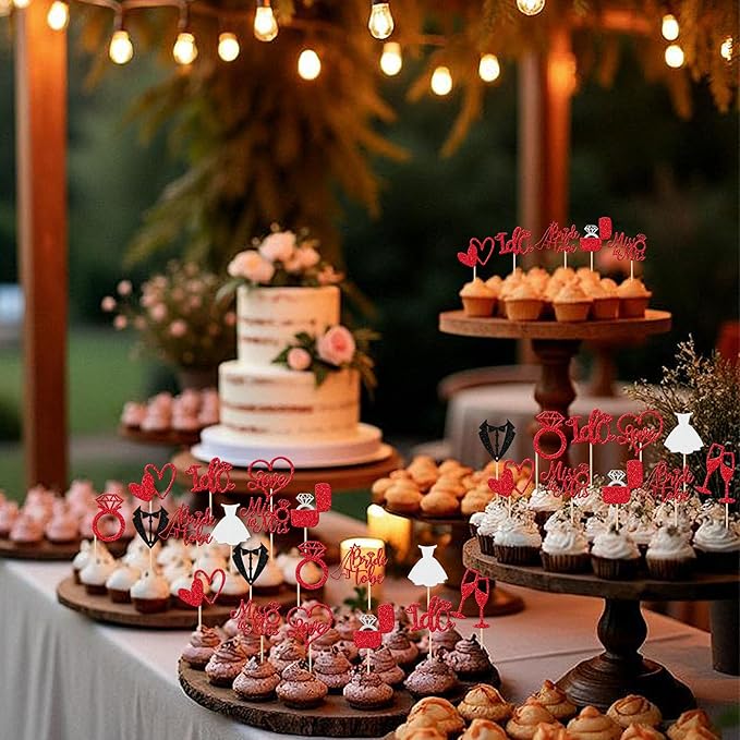 30 PCS Bride to Be Cupcake Toppers Glitter Miss to Mrs I Do Love Heart Ring Cupcake Picks Wedding Bridal Shower Cake Decorations for Wedding Engagement Bachelorette Party Supplies Red
