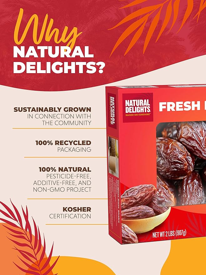 Natural Delights Dates – Large & Plump, Non-GMO Verified, Good Source of Fiber, Naturally Sweet Fruit Snack, Perfect for On-the-Go - Medjool Dates Whole, 2 lb Box