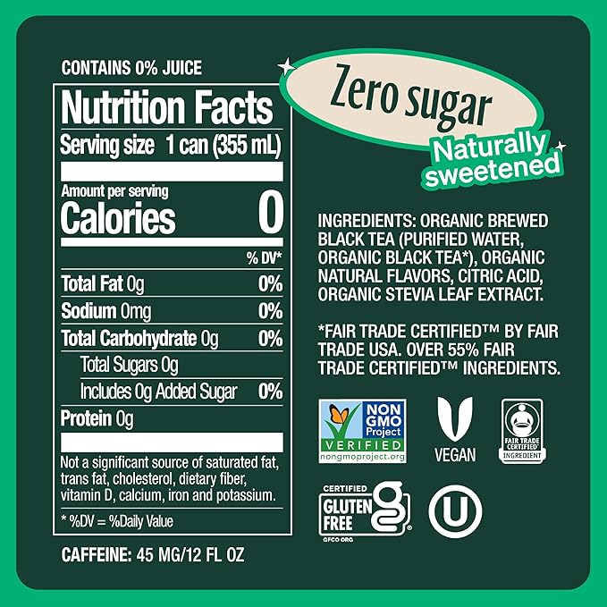 Zevia Zero Sugar Tea, Black Tea with Peach, 12 oz Cans (12-Pack) – Naturally Sweetened, Zero Calorie Sugar Free - Non-GMO Project Verified, Gluten-Free, Vegan
