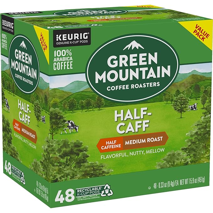 Green Mountain Coffee Roasters Half Caff, Single-Serve Keurig K-Cup Pods, Medium Roast Coffee Pods, 48 Count