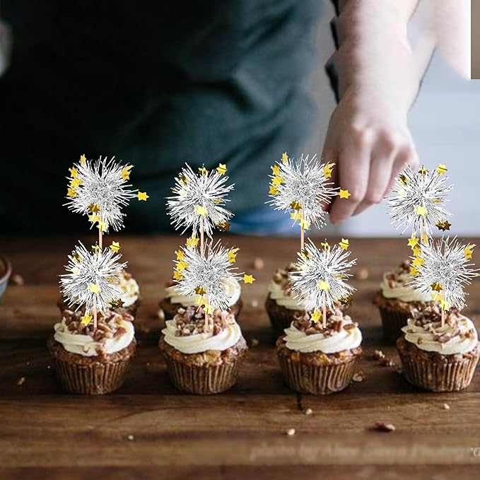 Rsstarxi 30 Pack Foil Firework Cupcake Toppers Happy Birthday Party Decorations Sparkle Tinsel Cocktail Food Fruit Toothpick for Happy Valentine's Day Wedding Birthday Party Cake Decorations Silver