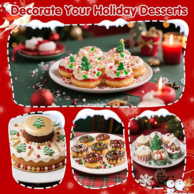 Christmas Tree Sprinkles for Cake Decorating,130g Red Gold and White Pearl,Gold Rods Green Trees Mixed,Edible Sugar Holiday sprinkle for Cupcake Toppers, Cookie, Ice Cream Decorations Christmas Party Supplies