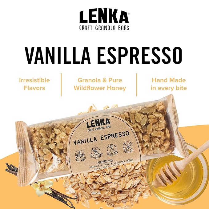 Lenka Bars - Vanilla Espresso Snack Bars, Gluten Free, High Fiber, Kosher, Wholesome, No Artificial Flavors, Individually Wrapped - 12 Pack