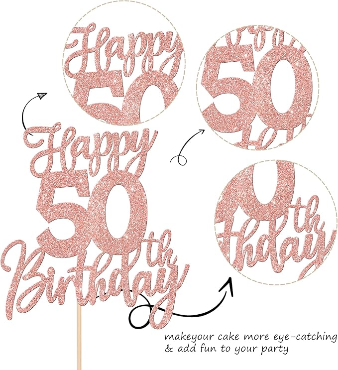 1 PCS Happy 50th Birthday Cake Topper Glitter Cheers to 50 Years Birthday Cake Pick Fifty Hello 50 Fabulous Cake Decorations for Happy 50th Birthday Anniversary Party Supplies Rose Gold