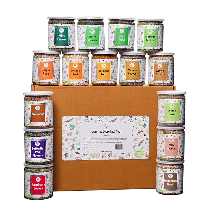 Assorted Loose Leaf Tea | 15 Delightful Herbs | Upto 900 Servings | 100% Raw & Natural | Add Health to your Soups, Smoothies, Teas and more | By Yogi's Giftยฎ