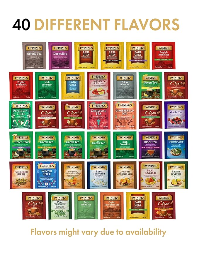 Twinings Tea Bag Sampler Assortment, Variety Pack (40 Count), 40 Unique Flavors for Tea Lovers: Women, Men, Couples, Family, Friends, Coworkers