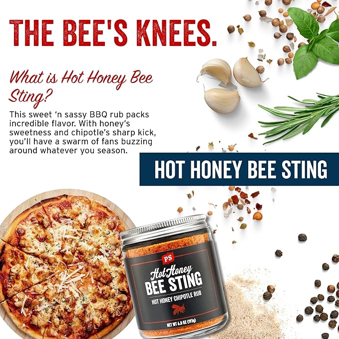 PS Seasoning Bee Sting - Hot Honey Chipotle BBQ Seasoning and Rubs for Smoking, Grilling, Baking - Sweet and Spicy Chipotle Flavor, Dry BBQ Rubs and Spices for Grilling Steaks, Pork, Chicken, Beef