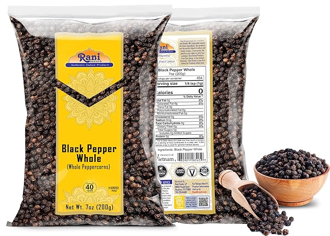 Rani Black Pepper Whole (Peppercorns), Premium MG-1 Grade 7oz (200g) ~ All Natural | Gluten Friendly | Non-GMO | Kosher | Product of Vietnam | Perfect size for Grinders!