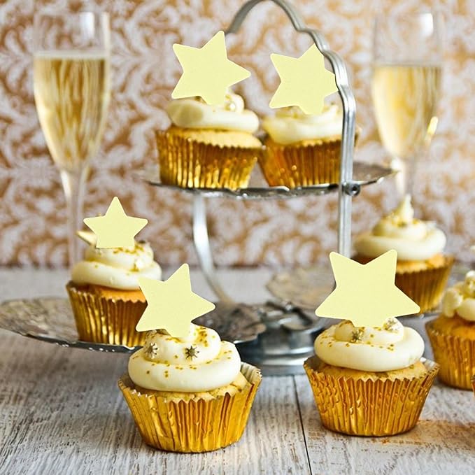 60 Pack Edible Star Cupcake Topper Twinkle Little Star Cupcake Picks Water Paper Little Star Theme Cupcake Decorations for Wedding Engagement Bridal Shower Birthday Party Supplies Yellow 2