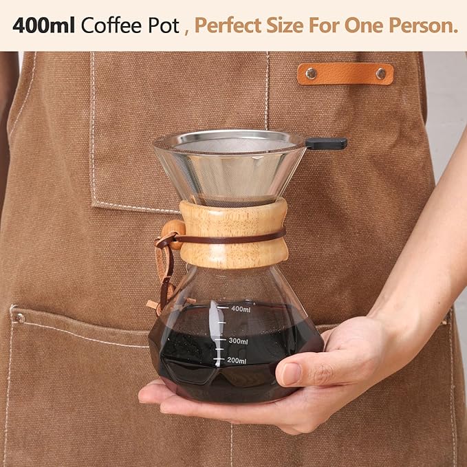 Pour Over Coffee Maker 14 OZ, 4 Cup Borosilicate Glass Drip Coffee Maker with Reusable Stainless Steel Filter and Cork Grip for Home Caf챕 400 ML (Diamond Shape)