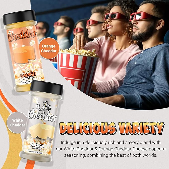 White Cheddar & Orange Cheddar Popcorn Seasoning Shaker ??2 Pack Bold Double Cheese Snack Blend ??Gourmet Sprinkle for Popcorn, Chips, Fries, Pasta, Vegetables, Baked Potatoes, Snacks, Party Bowls