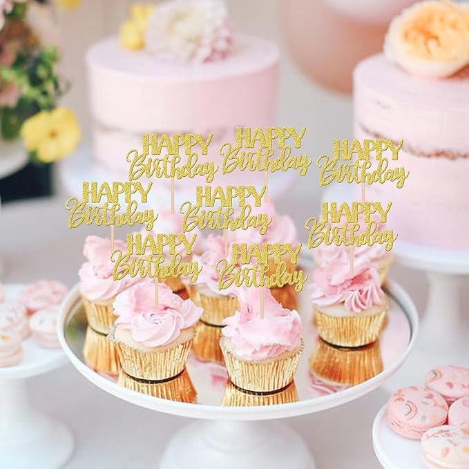 30 PCS Happy Birthday Cupcake Toppers Glitter Happy Birthday Cupcake Picks for Celebrating Anniversary Theme Party Cake Decorations Supplies Gold