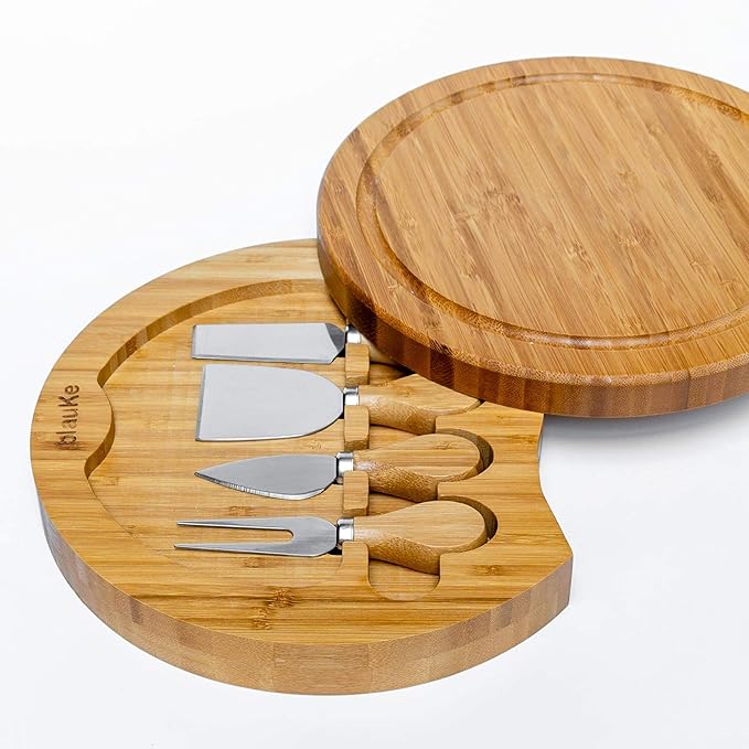 BlauKe Bamboo Cheese Board and Knife Set - 10 inch Round Charcuterie Board, Serving Tray, Platter, Wood Cheese Set - Gift Idea